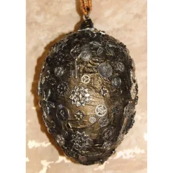 Osterei SCHWARZ/SILBER mit Acrylfarbe bemalt und mit Steampunk-Elementen dekoriert Osterdeko Hängedeko großes Osterei