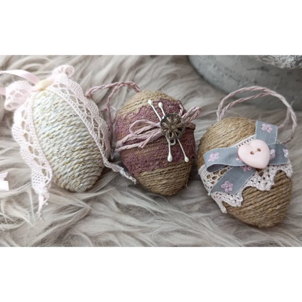 OSTEREIER * DEKO * VINTAGESTIL * LANDHAUSSTIL * ROSA/MAUVE/BEIGE * CA 6 - 6,5 CM  * JUTEBAND/DEKOBANDSPITZE