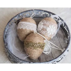 OSTEREIER * DEKO * VINTAGESTIL * LANDHAUSSTIL * CREMEWEISS/BEIGE/GOLDFARBEN * BAND/SPITZE * CA 6 CM