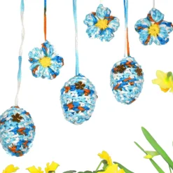 Ostereier Set gehäkelt – 3 Ostereier & 3 Blüten zum Aufhängen in orange, weiß, türkis & blau – Handarbeit Osterdeko
