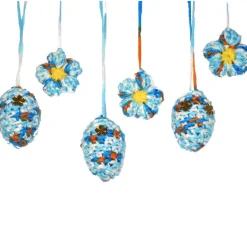 Ostereier Set gehäkelt – 3 Ostereier & 3 Blüten zum Aufhängen in orange, weiß, türkis & blau – Handarbeit Osterdeko