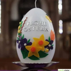 Ostereikerze mit Frühlingsstrauß und Schmetterling, "Frohe Ostern" Ostergeschenk Osterkerze Osterdeko