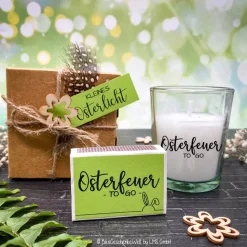 Osterfeuer to go Kerze mit Schriftzug wahlweise mit Lindt Schokohase - Ostergeschenk, Mitbringsel, Ostern, Gastgeschenk
