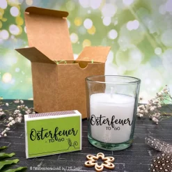 Osterfeuer to go Kerze mit Schriftzug wahlweise mit Lindt Schokohase - Ostergeschenk, Mitbringsel, Ostern, Gastgeschenk