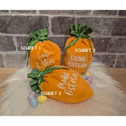 Oster-Geschenkbeutel Karotte aus Nikkistoff – 12 x 20 cm – „Frohe Ostern“ – Personalisierbar