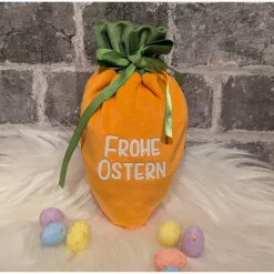 Oster-Geschenkbeutel Karotte aus Nikkistoff – 12 x 20 cm – „Frohe Ostern“ – Personalisierbar