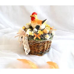 Ostergesteck Nr. 7, gelb-orange mit Huhn im braunen Korb