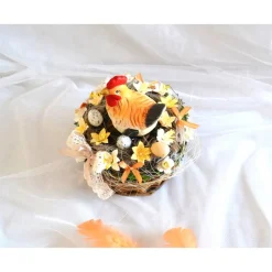 Ostergesteck Nr. 7, gelb-orange mit Huhn im braunen Korb