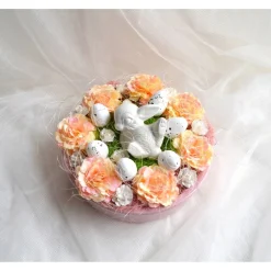 Ostergesteck Nr. 1 mit Begonien in rosa Keramikschale mit liegendem Keramikhase