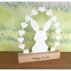 Osterhase Aufsteller 3D-Druck mit Holzsockel und Gravur – Moderne Osterdekoration, nachhaltig & individuell