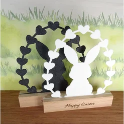 Osterhase Aufsteller 3D-Druck mit Holzsockel und Gravur – Moderne Osterdekoration, nachhaltig & individuell