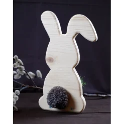 Osterhase aus Holz handgemacht – Rustikale Osterdeko, Unikat mit Ei & Puschel