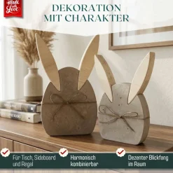Osterhasen Deko 2er Set aus Beton und Holz, handgefertigte Osterdeko und Frühlingsdeko zum Hinstellen