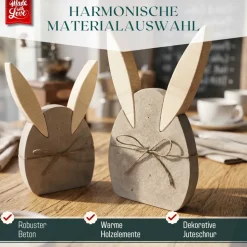 Osterhasen Deko 2er Set aus Beton und Holz, handgefertigte Osterdeko und Frühlingsdeko zum Hinstellen