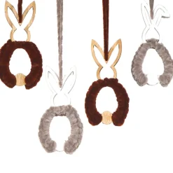 Osterhasen 4er Set zum Aufhängen – Handgemachte Osterdeko in Grau Braun aus Holz & Wolle