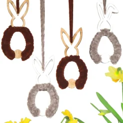 Osterhasen 4er Set zum Aufhängen – Handgemachte Osterdeko in Grau Braun aus Holz & Wolle