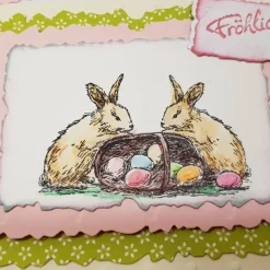 Osterhasen mit Ostereier-Körbchen Osterkarte handcoloriert Fröhliche Ostern pastell