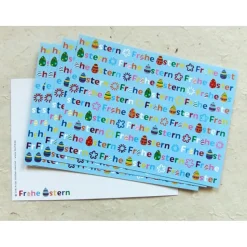 Osterkarte, bunte Schrift auf blau