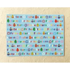 Osterkarte, bunte Schrift auf blau