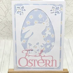 Osterkarte Hase im Ei – Frühlingskarte in Rosa/Blau Pastell mit Umschlag