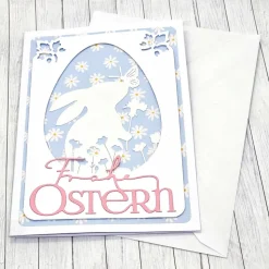 Osterkarte Hase im Ei – Frühlingskarte in Rosa/Blau Pastell mit Umschlag