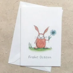 Osterkarte, Klappkarte DinA 6 mit Umschlag, kleiner Hase mit Blume und Frohe Ostern