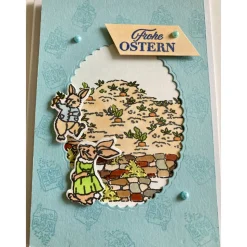 Osterkarte mit Hasen + Möhrenfeld Ostern 3D Grusskarte Handgefertigt  Bunt Töne Hochfromat A6