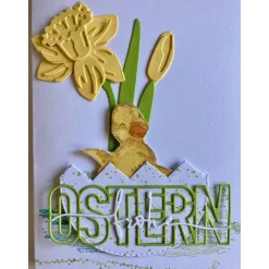 Osterkarte mit Küken +  Narzissen Ostern 3D Grusskarte Handgefertigt Hochformat DINA6 Gelb Grün