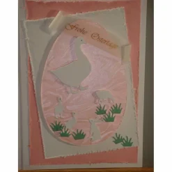 Osterkarte mit Küken und Osterhase Unikat elegant in pastell rosa weiß