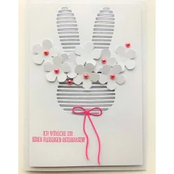 Osterkarte mit Osterhasen Blumen+ Perlen 3D Hochformat A6 Grusskarte Handgefertigt