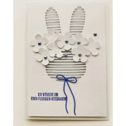 Osterkarte mit Osterhasen Blumen+ Perlen 3D Hochformat A6 Grusskarte Handgefertigt