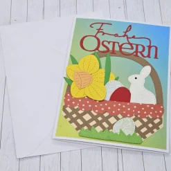 Osterkarte Osternest Narzisse mit Osterglocke und cremefarbenem Hase – handgefertigt