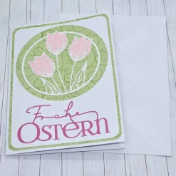 Osterkarte Tulpen rosa – Frühlingskarte mit Umschlag & Perlmutteffekt