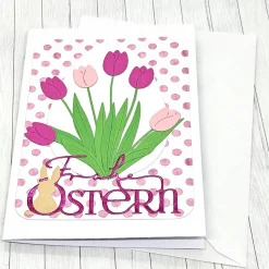 Osterkarte Tulpenstrauß pink und rosa – Frühlingsgruß mit Umschlag