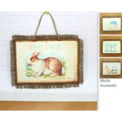 Ostern Bild Hase Küken Eier Happy Easter Deko Wandbild Textilbild Jute braun Fransen handmade by BuntMixxDESIGN