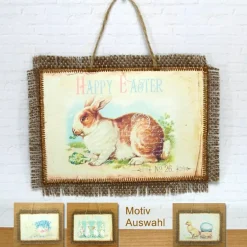 Ostern Bild Hase Küken Eier Happy Easter Deko Wandbild Textilbild Jute braun Fransen handmade by BuntMixxDESIGN