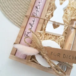 Ostern Geldgeschenk Ostergeschenk Hase mit Herz klein Kerzenhalter rund Geschenkset Gutschein Kerzenset Stabkerze Kerzen