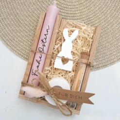 Ostern Geldgeschenk Ostergeschenk Hase mit Herz klein Kerzenhalter rund Geschenkset Gutschein Kerzenset Stabkerze Kerzen
