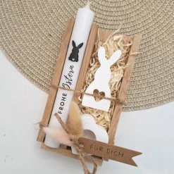 Ostern Geschenkset Ostergeschenk Hase mit Herz klein Kerzenhalter Herz Kerzenset Stabkerze Kerzenbox Holzbox Mitbringsel