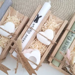 Ostern Geschenkset Ostergeschenk Dekoherz Kerzenhalter Herz Kerzenset Stabkerze Kerzenbox Holzbox Mitbringsel