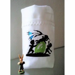 Ostern Lichtbeutel Tischdeko Vasenhuse 3 Engel mit Osterei GESTICKT Leinen Scherenschnitt Spitze.