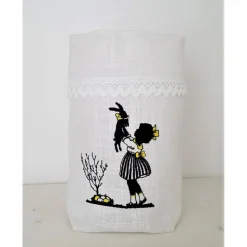 Ostern Lichtbeutel Tischdeko 1 Lichtbeutel Vasenhuse GESTICKT Mädchen mein Hasi Leinen Scherenschnitt Spitze.