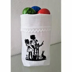Ostern Lichtbeutel Vasenhusse Utensilo Kinder am Gartenzaun GESTICKT Leinen Scherenschnitt Spitze.