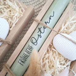 Ostern Ostergeschenk Geschenkset Kerze Kerzenset Dekoherz Kerzenhalter rund Stabkerze Schriftzug Frohe Ostern Osterfest