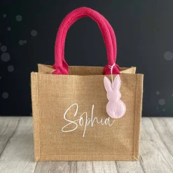 Ostertasche mit Namen | aus Jute mit Hasen-Anhänger | pink