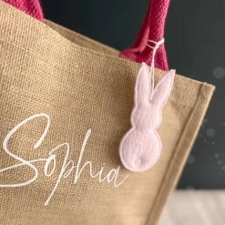 Ostertasche mit Namen | aus Jute mit Hasen-Anhänger | pink