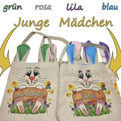 Ostertasche personalisierbar mit Namen, Text / 4 Farben / groß mit Ohren/Beutel/Tasche/Jute/Osterkorb Osterkörbchen Kind