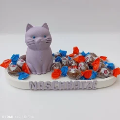 Ovales Tablett mit einer süßen Katze und Schriftzug Naschkatze