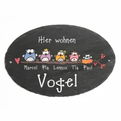 Ovales Türschild aus Schiefer mit Eulen handgemalt, Haustürschild mit Name personalisiert, Schieferschild für die Haustür, Namensschild für den Hauseingang, individuelles Familiengeschenk