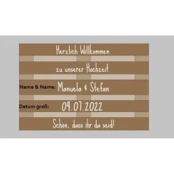 Palettenaufkleber für die Hochzeit - personalisiert - weiße/schwarze Schrift Herzen Datum Herzlich Willkommen Font 3